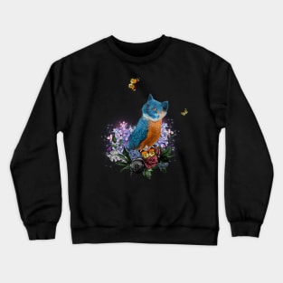 Funny cute birdkitten with flowers in the night Crewneck Sweatshirt